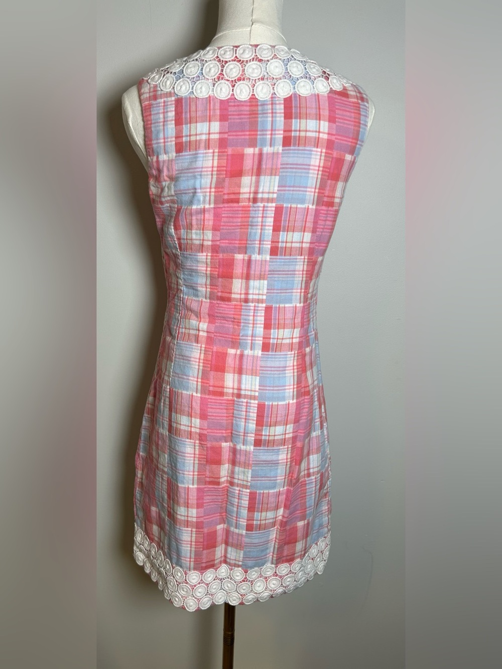 Vineyard Vines shep & Ian pink and blue patchwork madras cotton dress size 0 - Picture 6 of 12